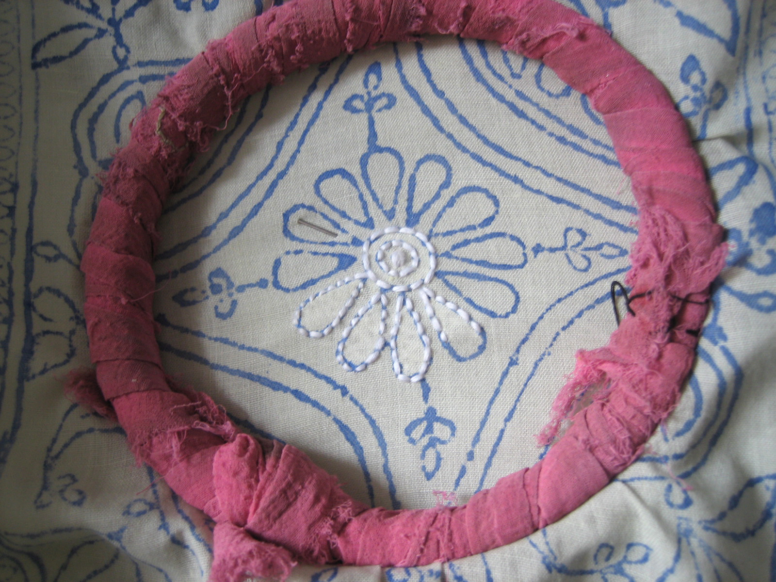Close-up of white chikankari embroidery on fine cloth, Lucknow.